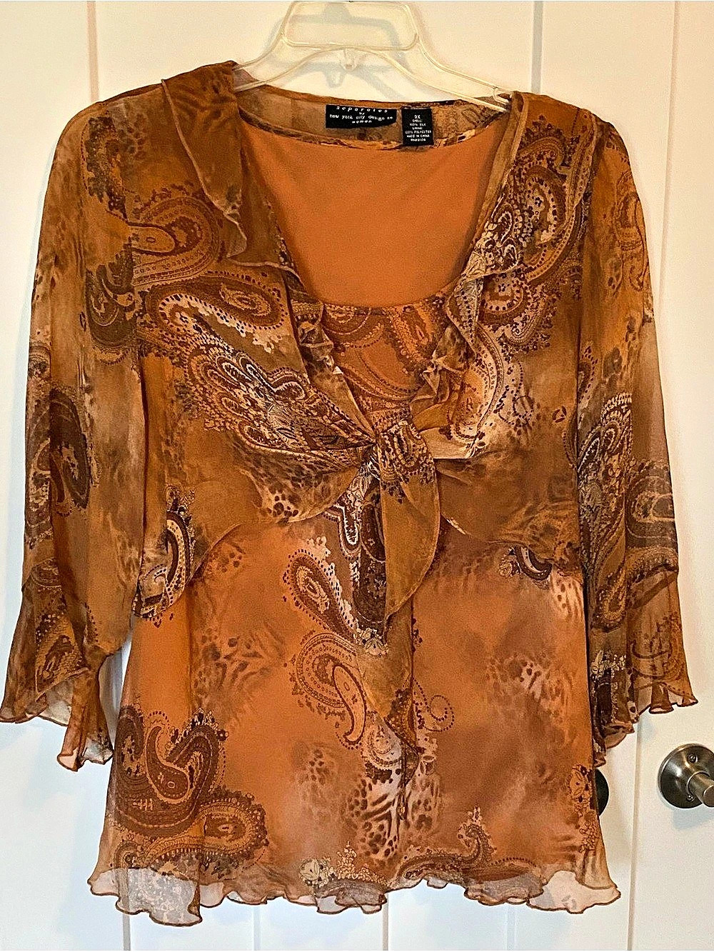 Separates by New York City Design Co. Paisley Tie Front Blouse in Brown Size 3X